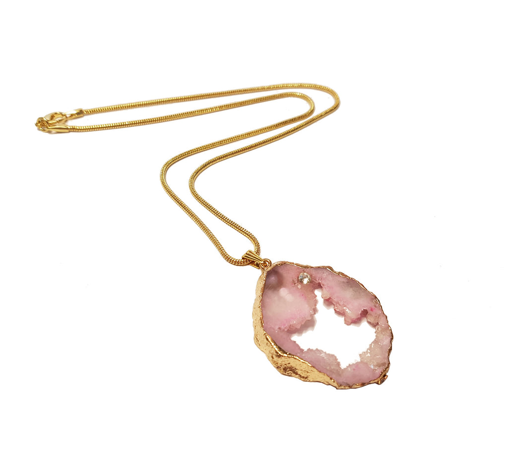 Karatgold Rose quartz pendant with genuine diamond and high quality snake chain, made in Germany, Pforzheim