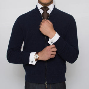 DARIO'S blue cardigan white shirts brown tie silver dicf cufflinks